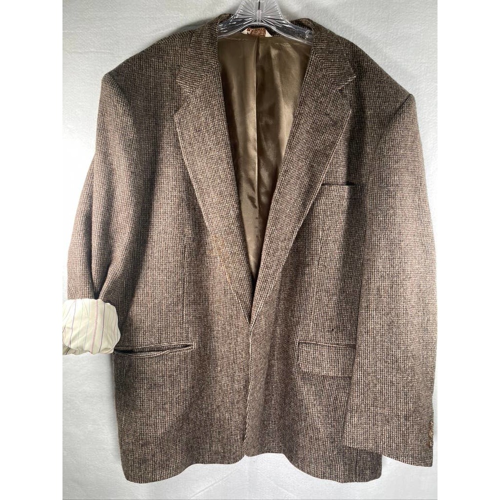 Vtg XL 100% Wool Mens Blazer Oversized Roll Cuffs Satin lined  *read* Microplaid